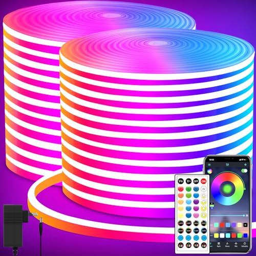 segrass LED Neon Strip,DC 24V 40M RGB Led band APP Fernbedienungen Steuerung Flexible wasserdichte Neon LED Streifen for Schlafzimmer,Spielzimmer,Draußen Deko(2 Rollen von 20m)