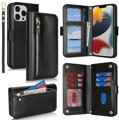 SailorTech for iPhone 13 Pro Max Phone Case Wallet with Card Holder for Women, iPhone 13 Pro Max Wallet Case with Credit Card Slots Flip Case Zipper Shockproof Case for Men - Black