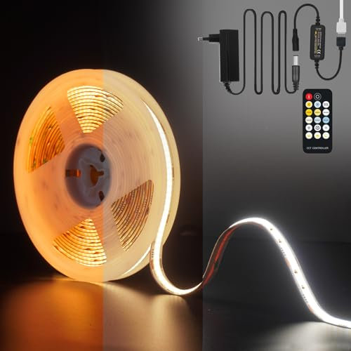CCT Striscia LED COB 5 metri,Fosingut 2700K-6500K Bianco Dimmer Luci LED Camera da letto,576LED/M CRI90 24V 10mm Strisce LED con Alimentatore Telecomando RF per Sottopensile Cucina,Feste,Casa DIY Deco