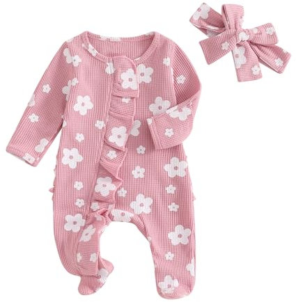 Carolilly Pagliaccetto Neonata Stampa Floreale Pigiama Intera Bimba in CotoneBody Neonata Manica lunga con Zipper Tutina Neonata Elegante Jumpsuit Bimba+Fascia (Rosa, 0-3 Months)