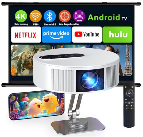 Mini Beamer, 4K Full HD 1080P Projector mit Bluetooth und WiFi Android OS 11.0, 150 Zoll, 360-Grad-Flip Smart Led Beamer Kompatibel mit Smartphone/TV Stick/TV Box/HDMI/USB/AV/PS5 (Weiße)