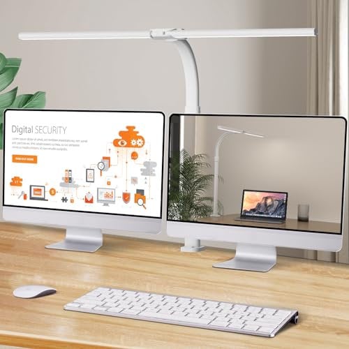 LOTTBUTY Doppelkopf Schreibtischlampe LED dimmbar,24W 80CM klemmbar Homeoffice Tageslichtlampe Schreibtisch Lampe, Schwanenhals Büro Tischlampe schwarz, Augenschutz Monitorlampe,5 Farbmodi