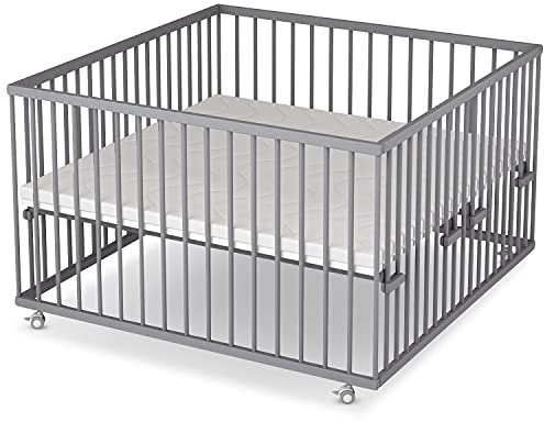 Sämann Laufstall Baby mit Matratze SleepPlus | TÜV geprüft | stufenlos höhenverstellbar | Laufgitter Premium | Babybett aus Holz | Krabbelgitter (grau, 120x120 cm)