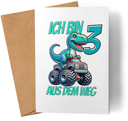 Lilavie-Design Kinder 3. Geburtstag Karte Dino Dinosaurier Auto 3 Jahre Junge Monstertruck