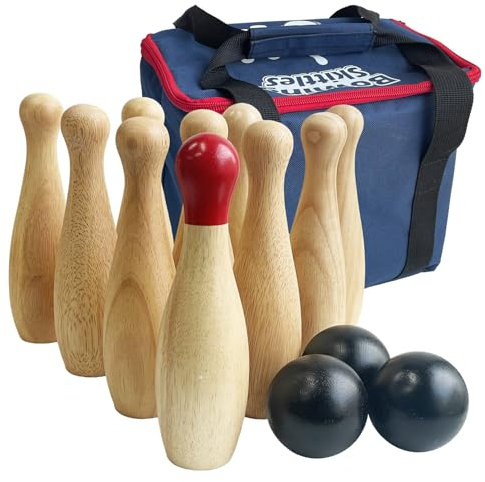 Bowlingspiel aus Holz, Wurfflaschen, Rasen-Spiel für die Familie, Spiel-Set mit Tragetasche (H 23 cm, 10 Stifte + 3 Bälle)