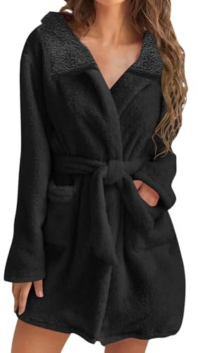 shownicer Accappatoio Donna Spugna Morbida Pile Invernale Accappatoio con Tasche e Cintura Accappatoio Leggero Corto Abbigliamento Da Notte Fleece Loungewear A Nero XS