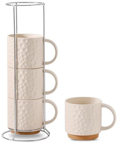 Nihow 16 OZ Ceramic Coffee Mug with Stackable Stand,Set of 4,White