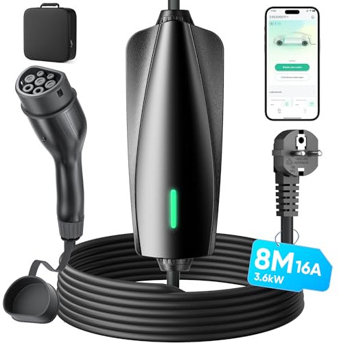 Zyncove Ladekabel Elektroauto Typ 2 Schuko App Steuerung : 3,68kW [6-16A 8m] EV Charger mit Einstellbarer Ladeleistung für Auto Model 3/Y, ID.3/4/5, i3, e-tron, EQC und Alle EVs/PHEVs
