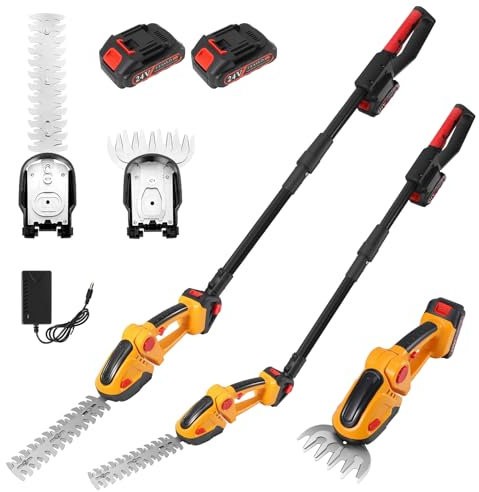 2 en 1 Taille Haie Batteri, 21V Taille-Herbes sans Fil avec 2 * 1.5Ah Batteries, Portée Jusqu'à 1.3 m, Cisaille Sculpte-Haie Electrique Rechargeable avec 2 Lames pour Coupe, Elagage