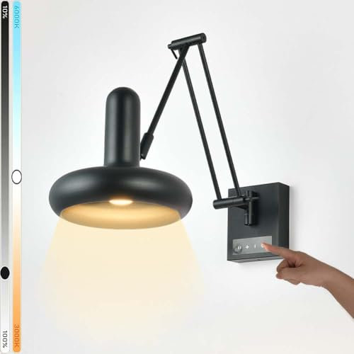 LOGT LED Touch Schalter Wandlampe Langer Arm Dimmbar Wandleuchte Drehbare Swing Arm Wandspot Verstellbar Lange Arm Wand Leselampe Einstellbar Schwenkarm Wandbeleuchtung Innen mit Gelenkarm,Schwarz