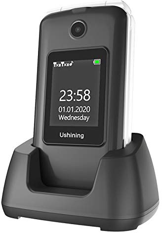 Ukuu Klapphandy für Senioren ohne Vertrag - Großtasten-Handy mit Dual-Display (2,8 + 1,8), 1200 mAh Akku & Ladestation | Lange Standby-Zeit | 3G Netzwerk - Schwarz