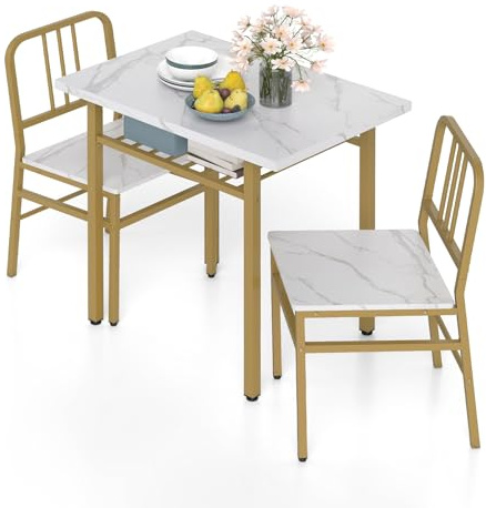 GiantexUK 3 Piece Dining Table Set, Metal Frame Kitchen Table and Chairs with Storage Rack & Adjustable Foot Pads, Space-Saving Breakfast Furniture Set for Dining Room Apartment (White + Gold)