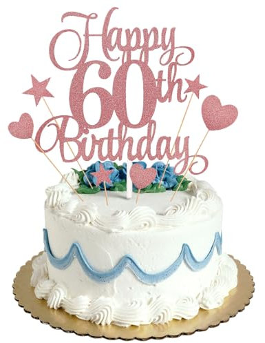 60th Happy Birthday Cake Topper Rose Gold Glitter,Personalised Cake Toppers for Grandfather Grandmother Dad Mom Uncle Birthday Party Cake Decorations Kit with Star Heart Cupcake Topper