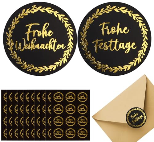 MEJOSER 120 Stück Aufkleber Weihnachten 4cm Goldfolie Schwarz Weihnachtsaufkleber Weihnachtssticker Frohe Weihnachten Sticker Rund Selbstklebend Geschenkaufkleber Weihnachtsdeko Geschenke