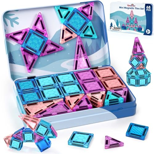 Dreamon Mini Magnetische Bausteine 68PCS Magnetbausteine Kinder Reiseset mit Blechdose STEM EIS und Schnee Thema Magnetic Building Blocks ab 3 4 5 6 Jahre Mädchen Junge Geschenk Weihnachten