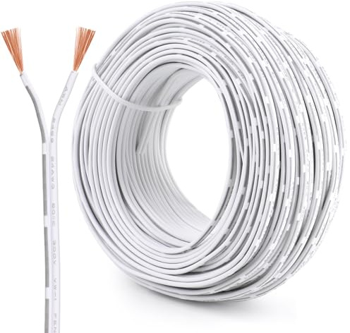 24 AWG 2 Core Electrical Wire 30m, Pure Copper Twin Cable 2×0.2mm² White Flexible PVC Wire for 12V/24V/240V Automotive, LED Lighting, DIY Projects, Home Electrical Use