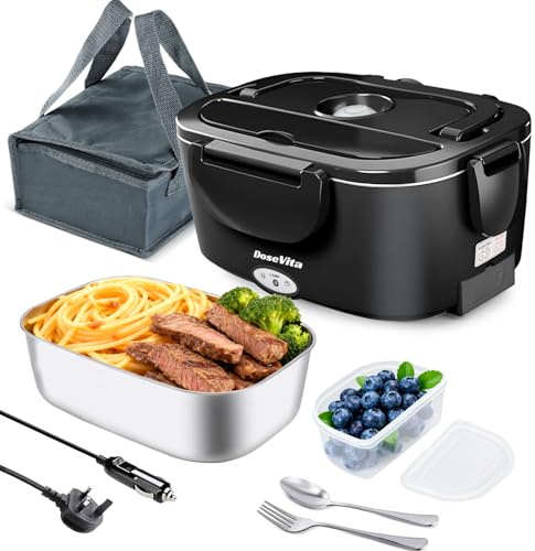 Dosevita Electric Lunch Box 80W 1.5L Heated Lunch Box 12V/24V/230V 3-in-1 Portable Food Heater with Insulated Lunch Bag Spoon and Fork Suitable for Car Truck Office Home (Black)