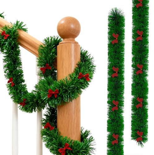 QEENTOE 15m Weihnachtsgirlande Künstliche mit Bogen Weihnachtskranz Tannengirlande Weihnachtsdeko Innen und Außen Weihnachtsbaum Girlande für Treppe Kamin Party Christbaumschmuck - Grün