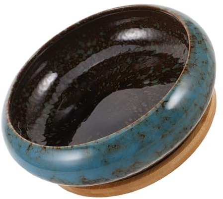 GARIOUANS Maceta de Cerámica Redonda Azul sin Agujeros con Bandeja de Madera, 17,5 CM, Jardinera para Suculentas, Plantas de Interior y Exterior, Maceta Hidropónica para Loto y Bonsái