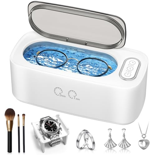 Ultrasonic Cleaner, 48kHz Ultrasonic Jewelry Cleaner Machine for Eyeglasses, Jewelry, Rings, Watch Straps, Dentures and More, Dual Cleaning Modes & 304 Stainless Steel Tank, 400ML Capacity, White