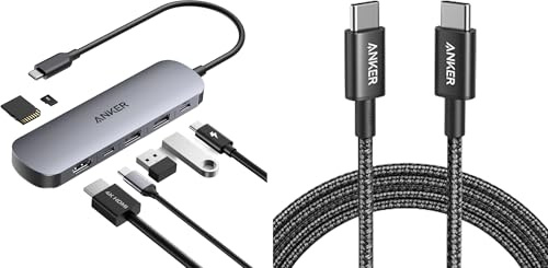 Anker USB C Hub and USB C Charger Cable (6ft/1.8m 100W Nylon), 7-in-1 Multi-Port USB Adapter for Laptops, 4K@60Hz USB C to HDMI Splitter, 85W Max Power Delivery, 3xUSBA & C 3.0 Data Ports, SD/TF Card