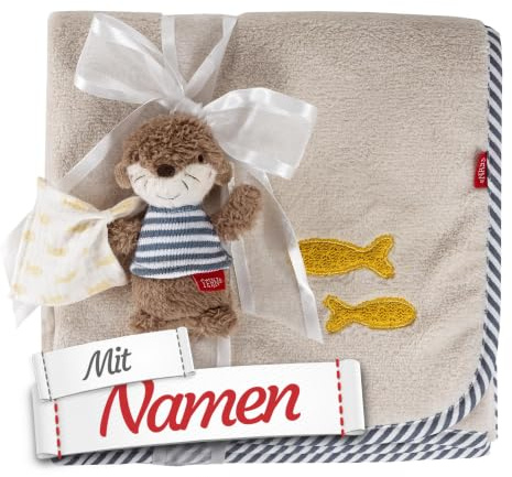 LALALO Fehn Babydecke Otter Theo mit Namen Bestickt, Geschenk zur Geburt | Personalisierte Kuscheldecke für Jungen und Mädchen, flauschige Decke für Baby, Taufgeschenk für Neugeborene, 100x75 cm