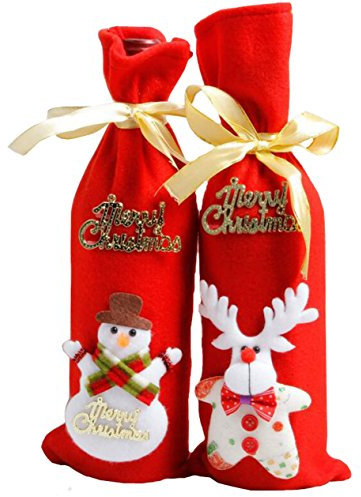 2PCS Christmas Wine Bottle Cover Bags Xmas Snowman Deer Pattern Bottle Wrap Party Festival Decors