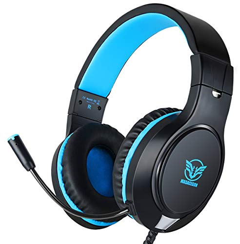 MASACEGON Gaming Headset for Xbox One, PS4, PS5,Nintendo Switch,Bass Surround and Noise Canceling with Flexible Mic, 3.5mm Wired Adjustable Over-Ear Headphones for Laptop PC iPad (Black-Blue)