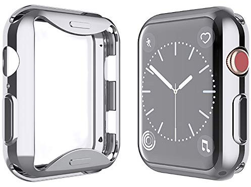 YoLin [2-Pack] All-around TPU Screen Protector Compatible with Apple Watch Series 3 38mm, Soft Protective Case For iwatch 38mm (1 Silver + 1 Transparent)