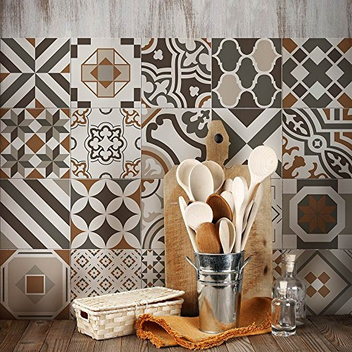 RE-COVERTILES - 24 Pcs Carrelage Autocollant 20x20 cm PS00149 Mosaïque de Azulejos Autocollant Mural Décorative à Carreaux de Ciment pour Salle de Bains et Cuisine Stickers Peel and Stick