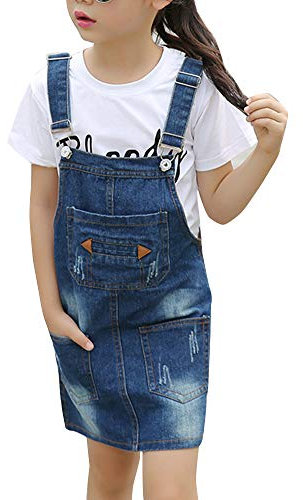 Runyue Mädchen Denim-Kleid mit Taschen Latzhose Overall Kleid mit Hosenträger Jeanskleid Blau 140CM
