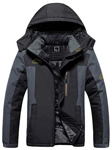 R RUNVEL Mens Waterproof Jackets Winter Coats for Men Walking Hiking Ski Rain Warm Fleece Outdoor Mountain Thermal Work Jackets with Hood Black UK Large