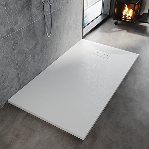 ELEGANT 1400x700mm White Slate Effect Lightweight Slate Shower Base Rectangular Grain Shower Enclosure Tray with Waste Trap