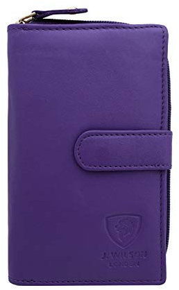 J. Wilson London Portafoglio da donna in pelle con chiusura a cerniera, con scomparto per carte di credito e RFID, Viola, M, Contemporaneo