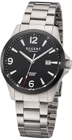 REGENT Herrenuhr mit Titan Glieder Armband 39 MM Durchmesser 20 Bar Arabische Zahlen Datum F-1298