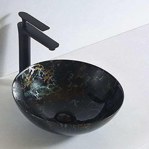 GT-LUX Lavabo lavandino lavello da appoggio in ceramica effetto marmo ROTONDO 405X405X150 mm MOD.6203 vari colori a scelta (NERO)