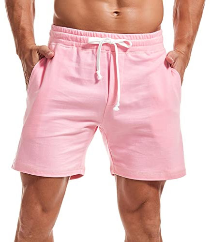 Amy Coulee Short de survêtement pour homme 14 cm avec cordon de serrage en coton décontracté avec poches, rose, L