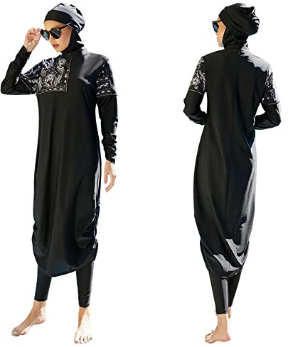 Frauen Muslimische Badeanzug Burkini Damen Muslim Full Cover Islamisch Arabisch Jilbab Schwimmanzug Langarm Schwimmoberteile Built in Bra+Schwimmhose+Hijab 3tlg Ganzkörper Modest Bademode 2#Schwarz M