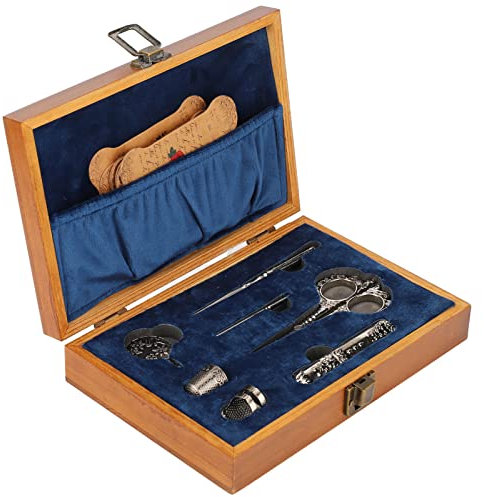 OREQ 7 teiliges Stickscheren Set, Europäisches Vintage Edelstahl Nähwerkzeug mit Fingerhut, Schere, Fadenschneider, Nadeln und Holzkiste, Zum Basteln, Nähen, Handarbeiten(Silber)