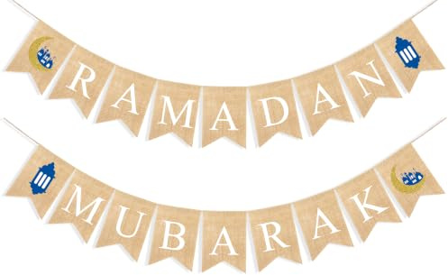 Uniwish Ramadan Mubarak Banner Sackleinen Wimpelkette Girlande Ramadan Dekorationen für Zuhause Kamindekor Eid Mubarak Party Supplies Islamische Muslimische Urlaub Foto Requisiten