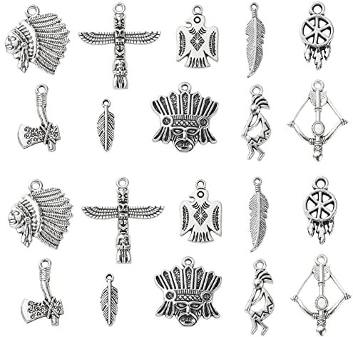 Ipotkitt 100 Pcs 10 Styles Indian Theme Charms: Antique Style Charms Vintage Feather Thunderbird Axe for DIY Jewelry Making Accessories