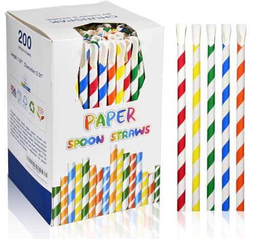 Lot de 200 pailles jetables en papier avec cuillère pour slushy, smoothie, milkshake, boissons glacées - 20 x 0,8 cm - Rayures colorées - Biodégradables