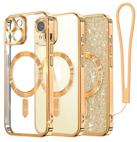 Meifigno Clear Hülle Kompatibel mit iPhone 15, [Kompatibel mit Magsafe][Glitzer Karte & Handschlaufe] Kameraschutz Transparent Case für iPhone 15 6,1’’ Frauen Mädchen, Messing Gold