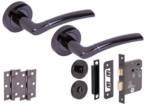 HANDLEZONE® Neemo Door Handles on Rose Bathroom Lock Pack with Ball Bearing Hinges - Black Nickel