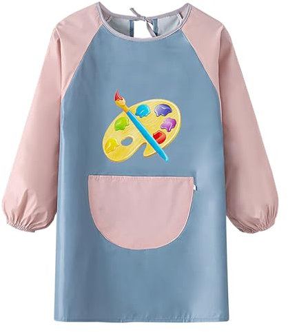 paitok Children's Art Apron Is a Waterproof Apron with Long Sleeves and Perfect for Painting, Cooking, and Messy Activities. Suitable 6-12 Years Girls/Boys Kids Apron(Leather Blue Body Pink Sleeves)