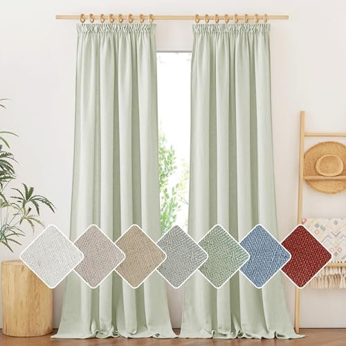 PONY DANCE Leinenoptik Gardinen Halbtransparent Salbeigrün Vorhang Leinen Wohnzimmer Gardinen mit Kräuselband 2er Set H 245 x B 140 cm Boho Style Vorhänge mit Haken für Schienensystem
