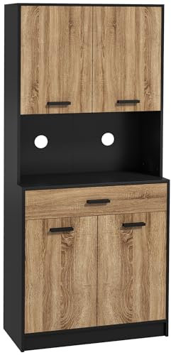 HOMCOM Armoire de Cuisine, Buffet de Cuisine, Meuble de Rangement, 2 placards, 4 Portes, 1 tiroir, Passe-câbles, Design Industriel, 80 x 40 x 180 cm, Noir et Naturel