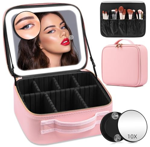 Makeup Case with Mirror and Lights, Travel Makeup Bag with Lighted Mirror, Partitionable Makeup Case with 2-Layers Adjustable Dividers, Portable Cosmetic Case Makeup Organizer Bag for Women(Pink)
