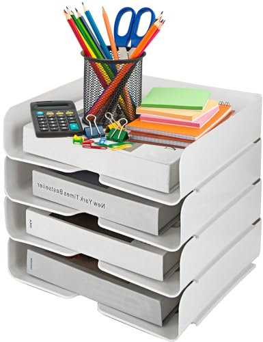ASelected 4 Tier Stackable A4 Filing Trays 31.5X24.5X7 Cm Office Desk File Rack White Plastic Desk File Rack For Paper Magazine Receipts Office Supplies(White)