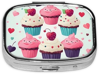 Cupcake Candy Hearts Sweet Square Pill Box Mini Metal Pill Case for Purse Small Cute 2 Compartment Medicine Pill Organizer Portable Pill Container Holder for Daily Medicine Vitamin